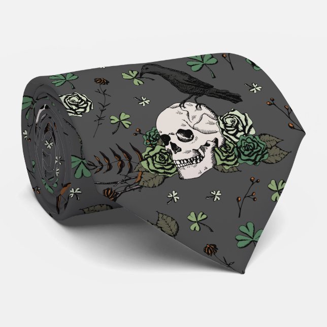 St Patrick's Day Dark Grey & Green Skulls & Roses Tie (Rolled)