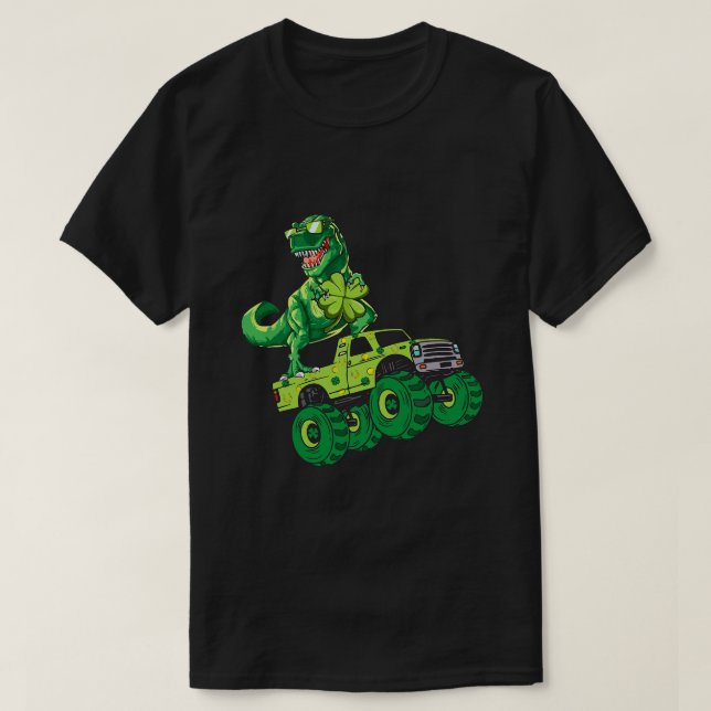 St Patricks Day Dinosaur Monster Truck Shamrock Bo T-Shirt (Design Front)