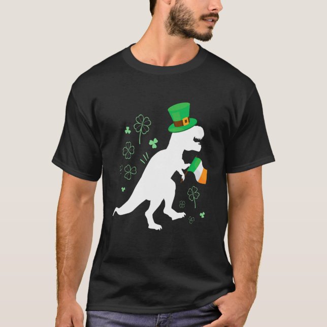 St Patricks day dinosaur t-rex with irish flag for T-Shirt (Front)