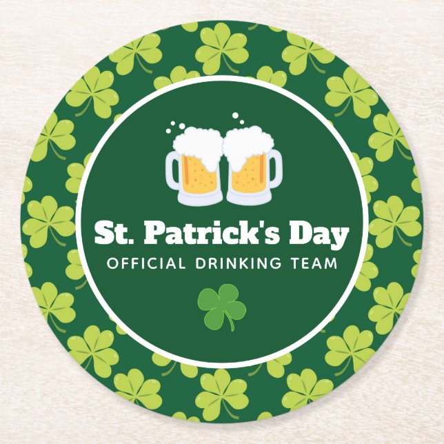 St. Patrick's Day Drinking Team Clover Pattern Round Paper Coaster (Front)