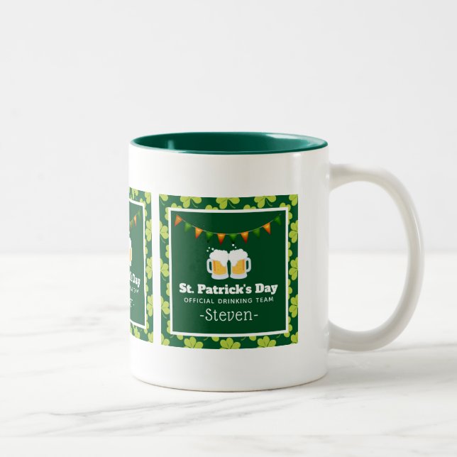 St. Patrick's Day Drinking Team Clover Pattern Two-Tone Coffee Mug (Right)