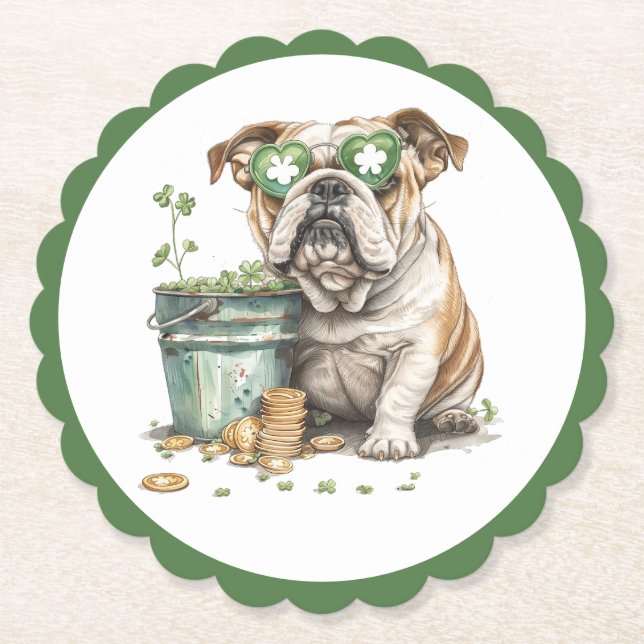 St. Patrick's Day English Bulldog Paper Coaster (Front)