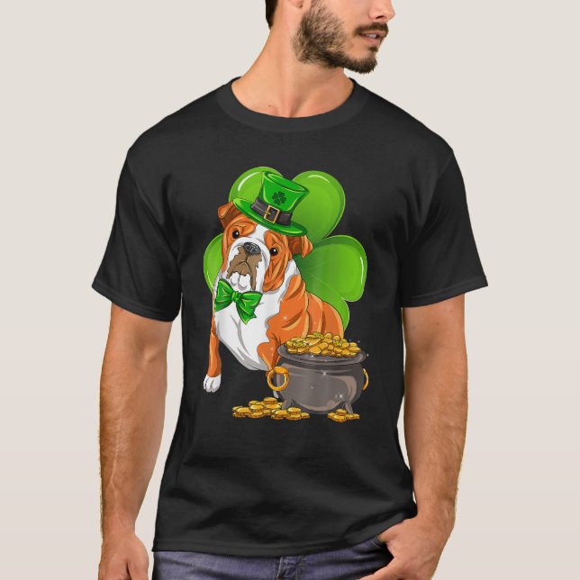 St Patrick's Day English Bulldog Shamrock Pet Dog T-Shirt (Front)
