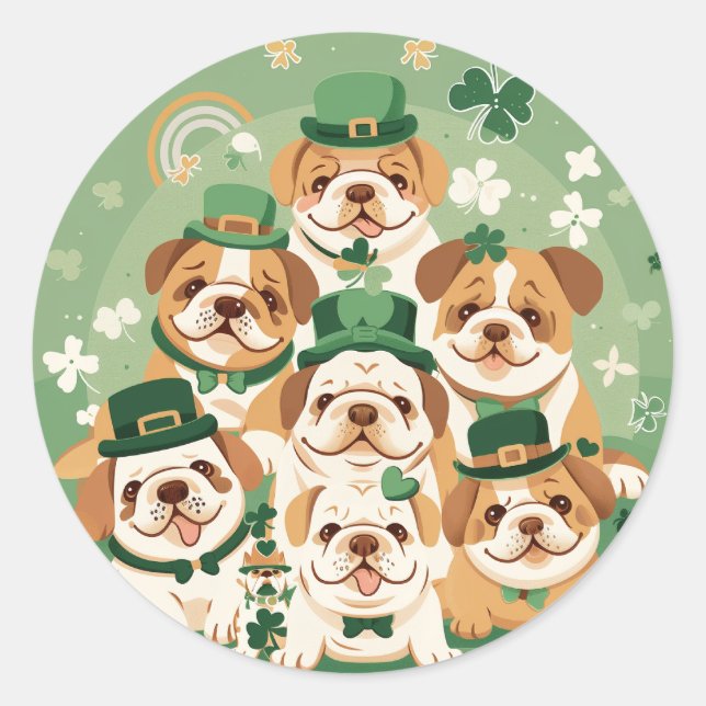 St. Patrick's Day English Bulldogs Classic Round Sticker (Front)