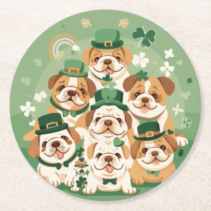 St. Patrick's Day English Bulldogs Round Paper Coaster