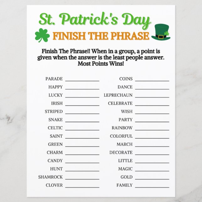 St. Patrick's Day Finish The Phrase Game (Front)