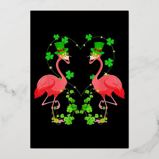 St Patrick's Day Flamingo Shamrock Heart Foil Holiday Card
