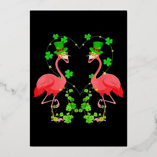 St Patrick's Day Flamingo Shamrock Heart Foil Holiday Card (Front)