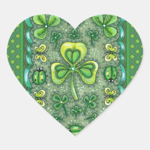 ST. PATRICK'S DAY FOLK ART SHAMROCKS N' LADYBUGS HEART STICKER