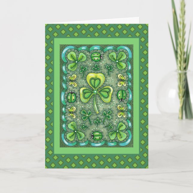 ST. PATRICK'S DAY FOLK ART SHAMROCKS N' LADYBUGS HOLIDAY CARD (Front)