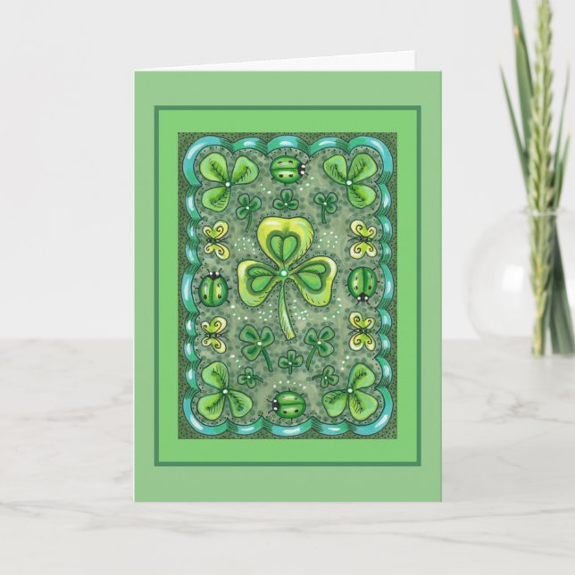 ST. PATRICK'S DAY FOLK ART SHAMROCKS N' LADYBUGS HOLIDAY CARD (Front)