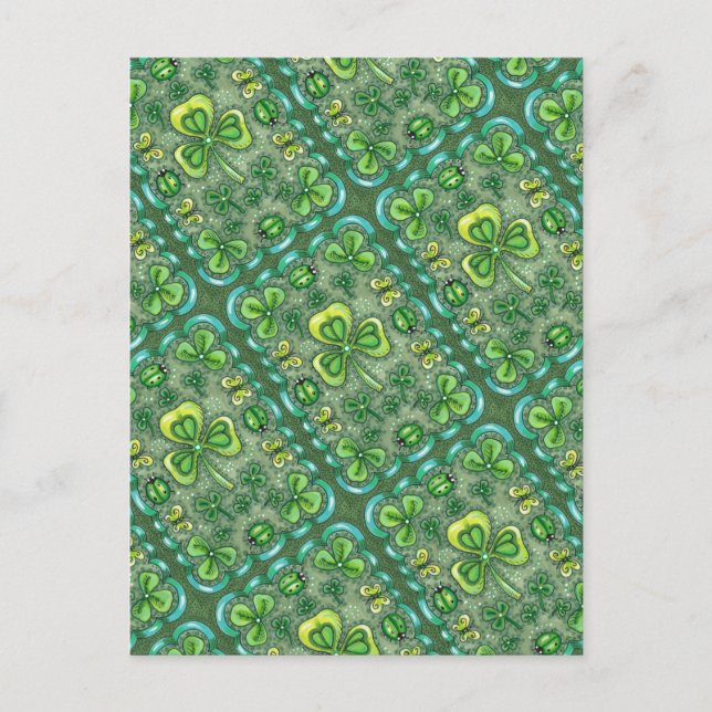 ST. PATRICK'S DAY FOLK ART SHAMROCKS N' LADYBUGS POSTCARD (Front)