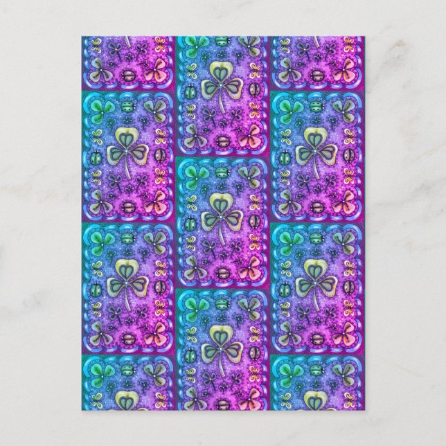 ST. PATRICK'S DAY FOLK ART SHAMROCKS N' LADYBUGS POSTCARD (Front)