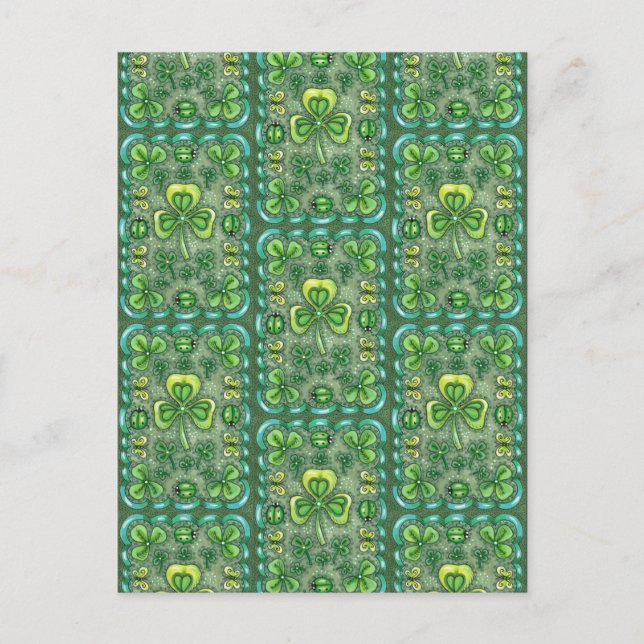 ST. PATRICK'S DAY FOLK ART SHAMROCKS N' LADYBUGS POSTCARD (Front)