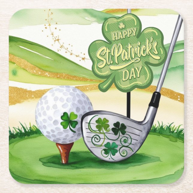 St. Patrick's Day for Golfer with Flag on Green  Square Paper Coaster (Front)