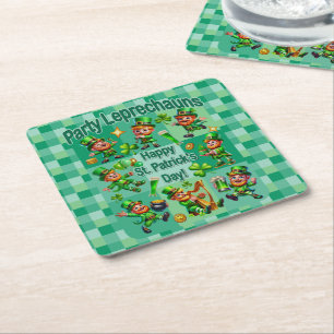 St. Patrick's Day Fun Adorable "Party Leprechauns" Square Paper Coaster