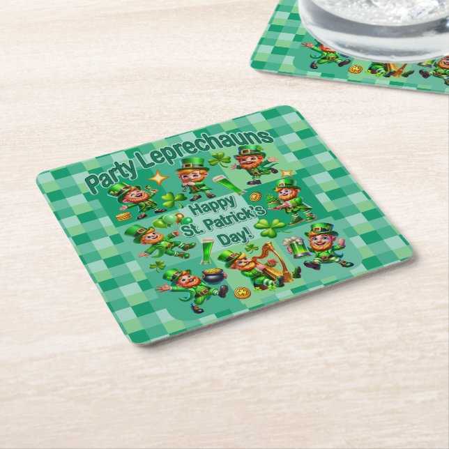 St. Patrick's Day Fun Adorable "Party Leprechauns" Square Paper Coaster (Angled)