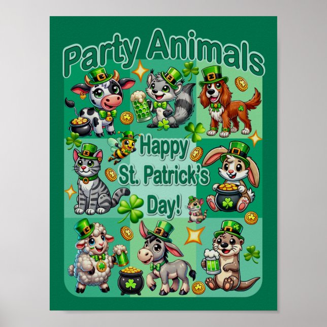 St. Patrick's Day Fun and Adorable "Party Animals" Poster (Front)