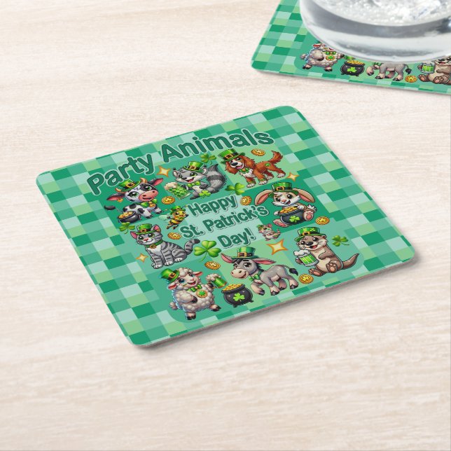 St. Patrick's Day Fun and Adorable "Party Animals" Square Paper Coaster (Angled)
