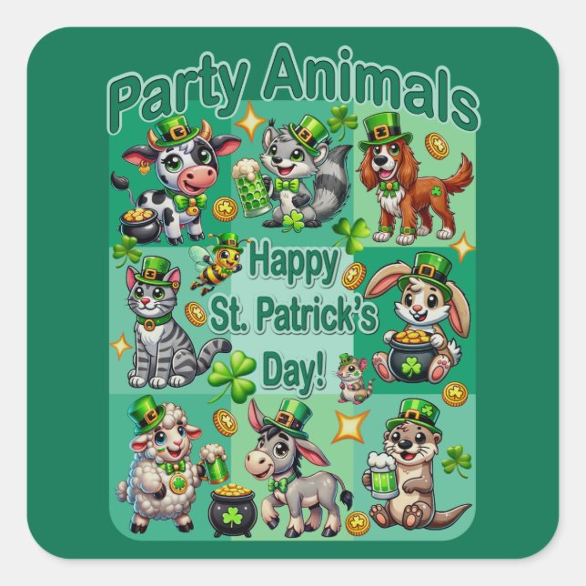 St. Patrick's Day Fun and Adorable "Party Animals" Square Sticker (Front)
