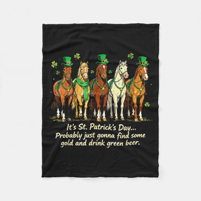 St patricks day funny horse drinking green beer fleece blanket (Front)