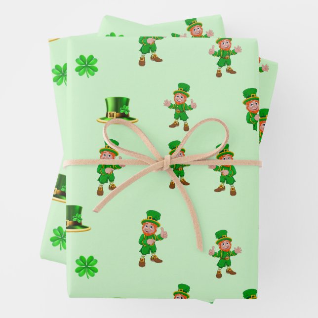 St. Patrick's Day Funny Leprechaun, Hat, Clover Wrapping Paper Sheet (In situ)