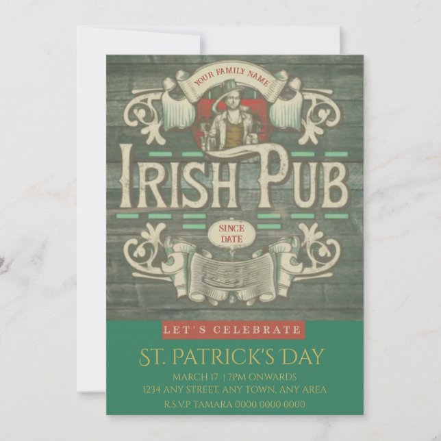St Patrick's Day Funny Personalised Irish Pub  Invitation (Front)