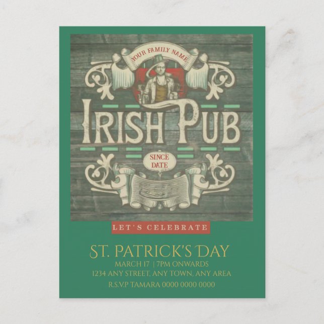 St Patrick's Day Funny Personalised Irish Pub  Postcard (Front)