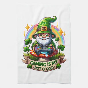 St. Patrick's Day Gamer Gnome Tea Towel