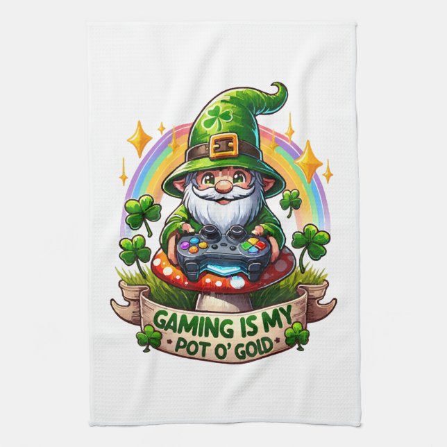 St. Patrick's Day Gamer Gnome Tea Towel (Vertical)