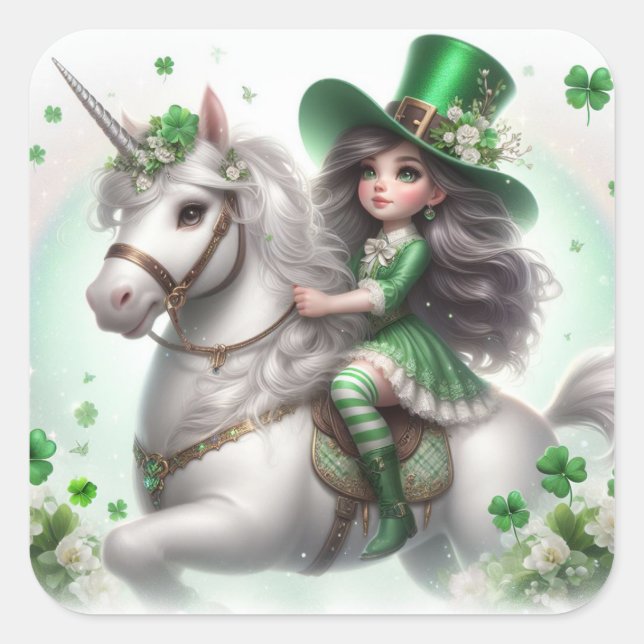 St. Patrick's Day Girl and Unicorn Square Sticker (Front)