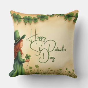 St. Patrick's Day Girl with Shamrocks Cushion