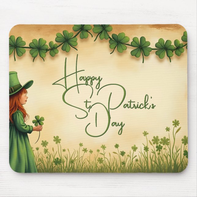 St. Patrick's Day Girl with Shamrocks Mouse Mat (Front)