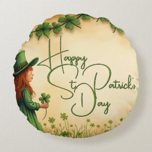St. Patrick's Day Girl with Shamrocks Round Cushion