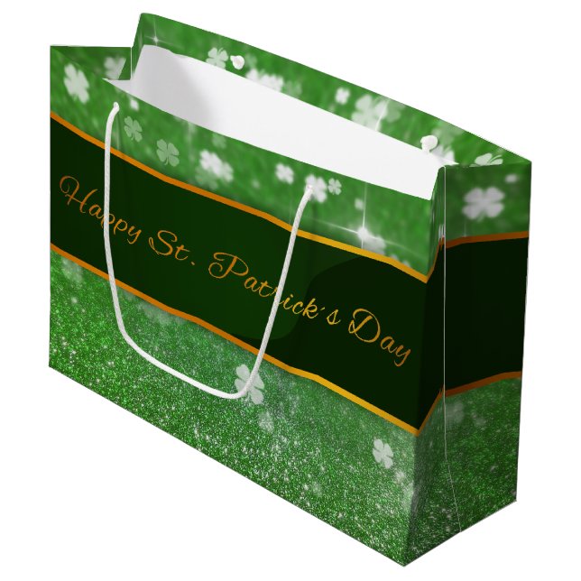 St. Patrick's Day Glitter Shamrock Large Gift Bag (Front Angled)