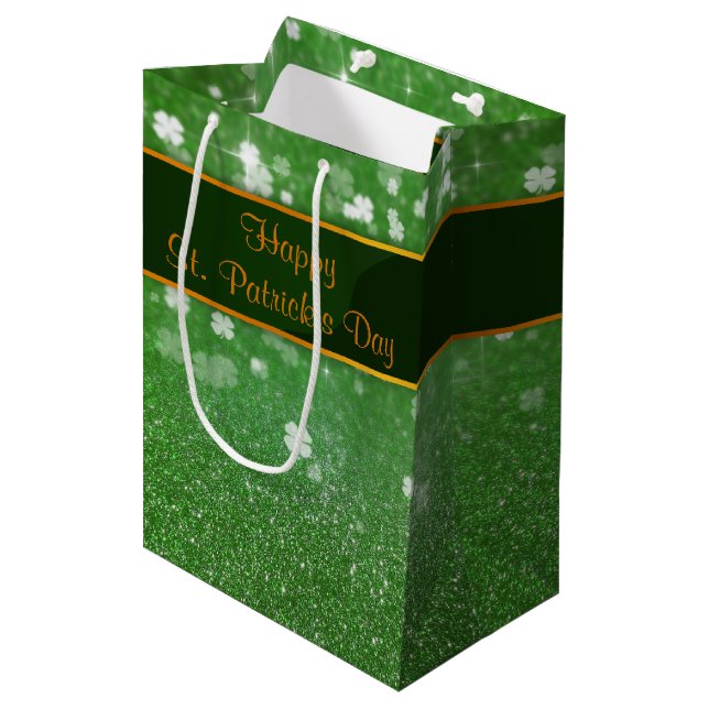 St. Patrick's Day Glitter Shamrock Medium Gift Bag (Front Angled)