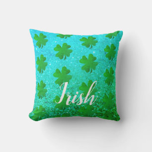 St Patrick's Day Glittery Blue Green Shamrock Leaf Cushion