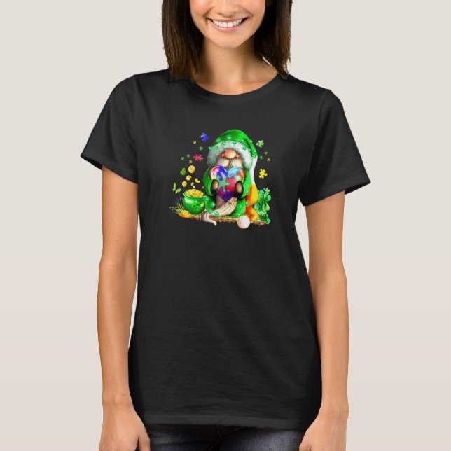 St Patricks Day Gnome Holding Autism Puzzle Heart  T-Shirt (Front)