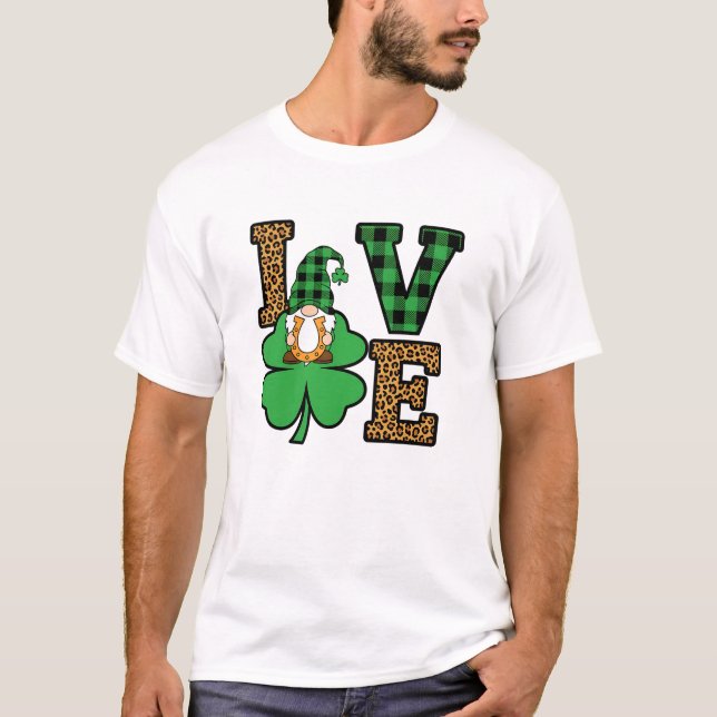 St Patrick's Day Gnome Love Leopard Plaid Art T-Shirt (Front)