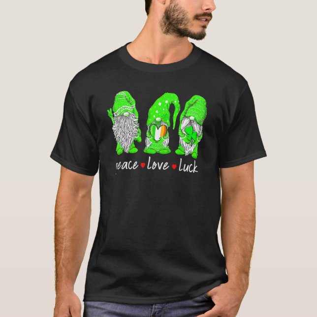 St Patrick's Day Gnome Peace Love Luck Heart Shamr T-Shirt (Front)