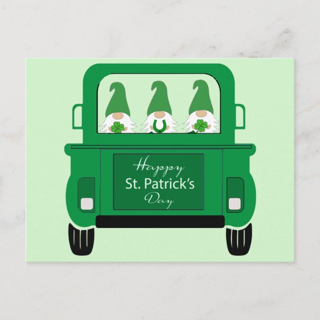 St. Patrick's Day Gnomes in Truck Holiday Postcard (Front)