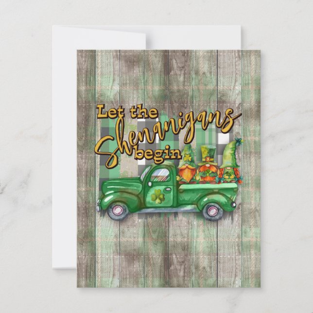 St. Patrick's Day Gnomes In Truck Shenanigans  Holiday Card (Front)