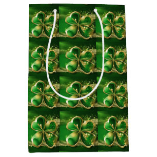 St. Patricks Day Gold Glitter Green Clover Leaf Medium Gift Bag