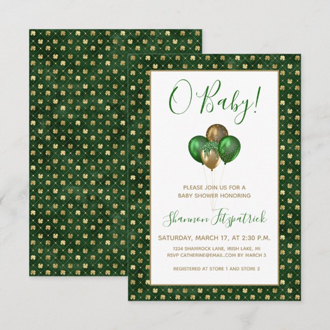 St. Patrick's Day Gold Green Shamrocks Baby Shower Invitation (Front/Back)