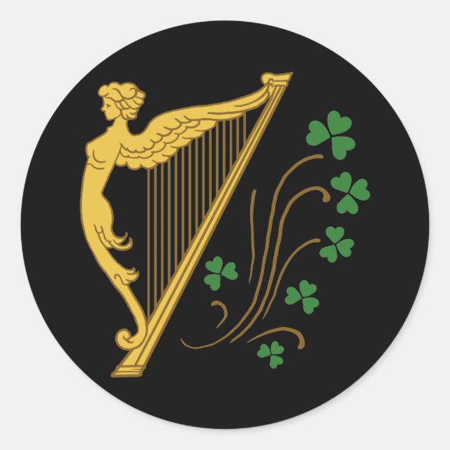 St Patrick's Day Gold Harp and Shamrocks Classic Round Sticker (Front)