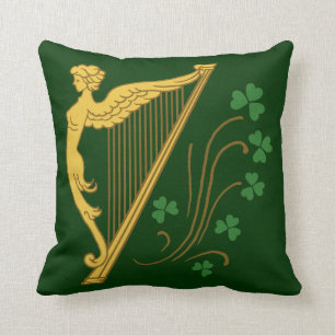 St Patrick's Day Gold Harp and Shamrocks Cushion