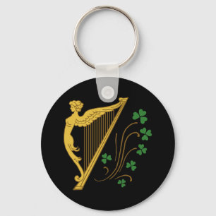 St Patrick's Day Gold Harp and Shamrocks Key Ring