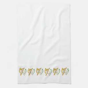 St Patrick's Day Gold Harp and Shamrocks Tea Towel