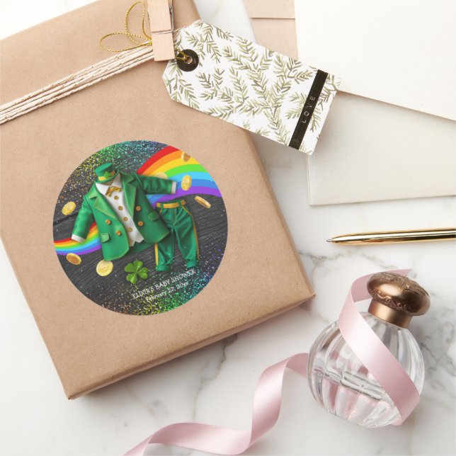 St. Patrick's Day Gold Rainbow Clover Baby Shower Classic Round Sticker (Gifting)