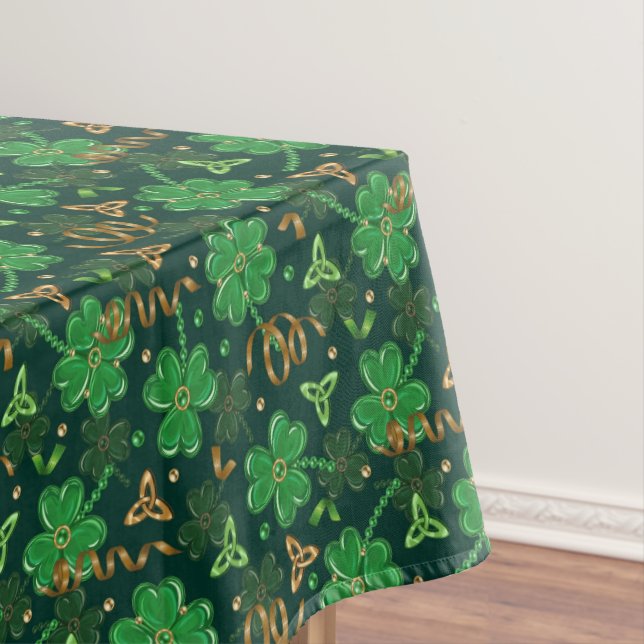 St Patricks day Gold Trefoil Ribbon Lucky Shamrock Tablecloth (In Situ)